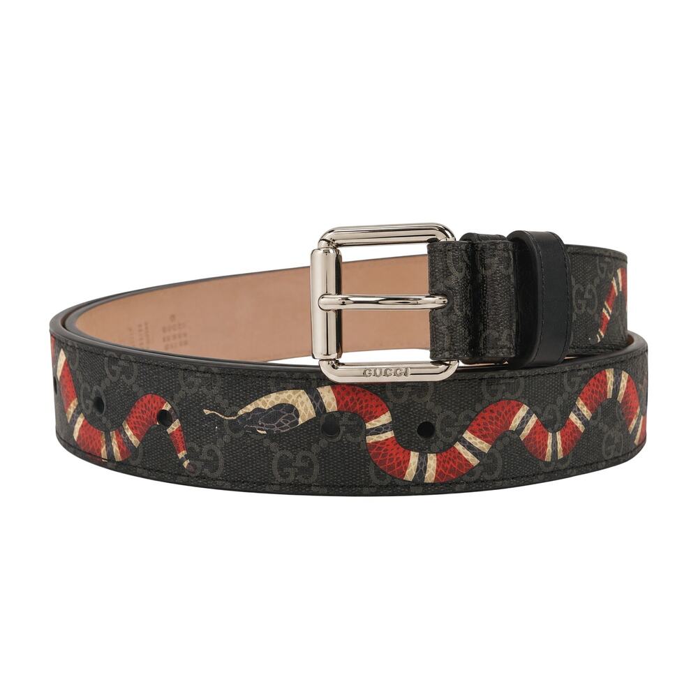 Gucci Leather Designer Kingsnake Print GG Supreme Belt Black Red Silver Men's